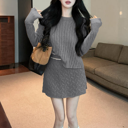 Retro Sexy Round Neck Cable Knit Top High Waist Miniskirt Set