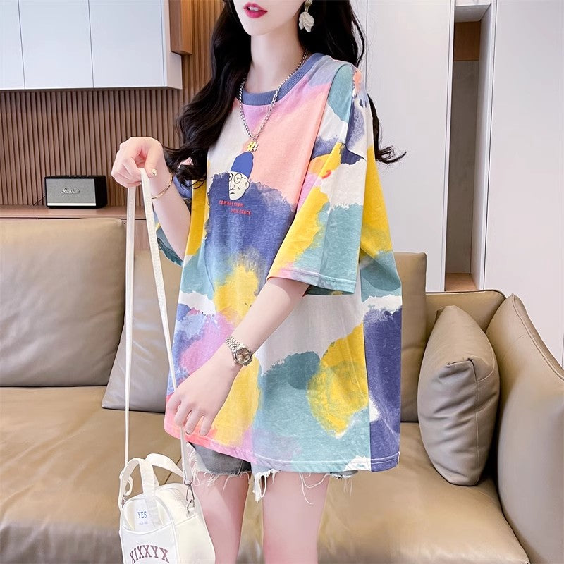 Loose-Fitting Oversized Mid-Length Tie-Dye Gradient Top