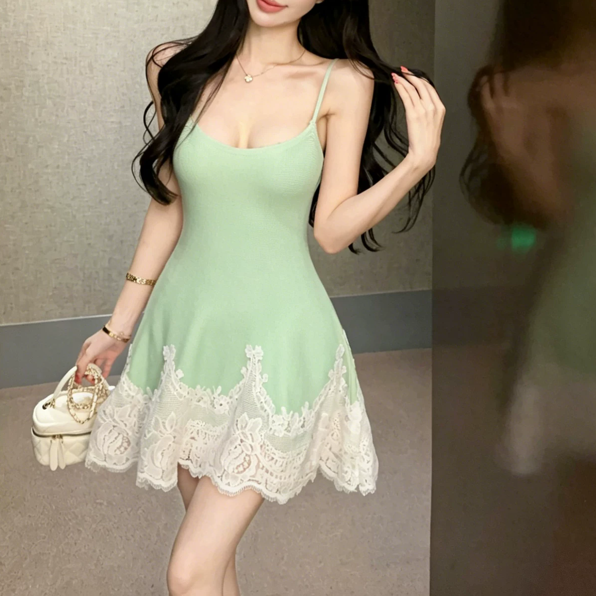 Lace Patchwork Waist-Cinching Suspender Dress