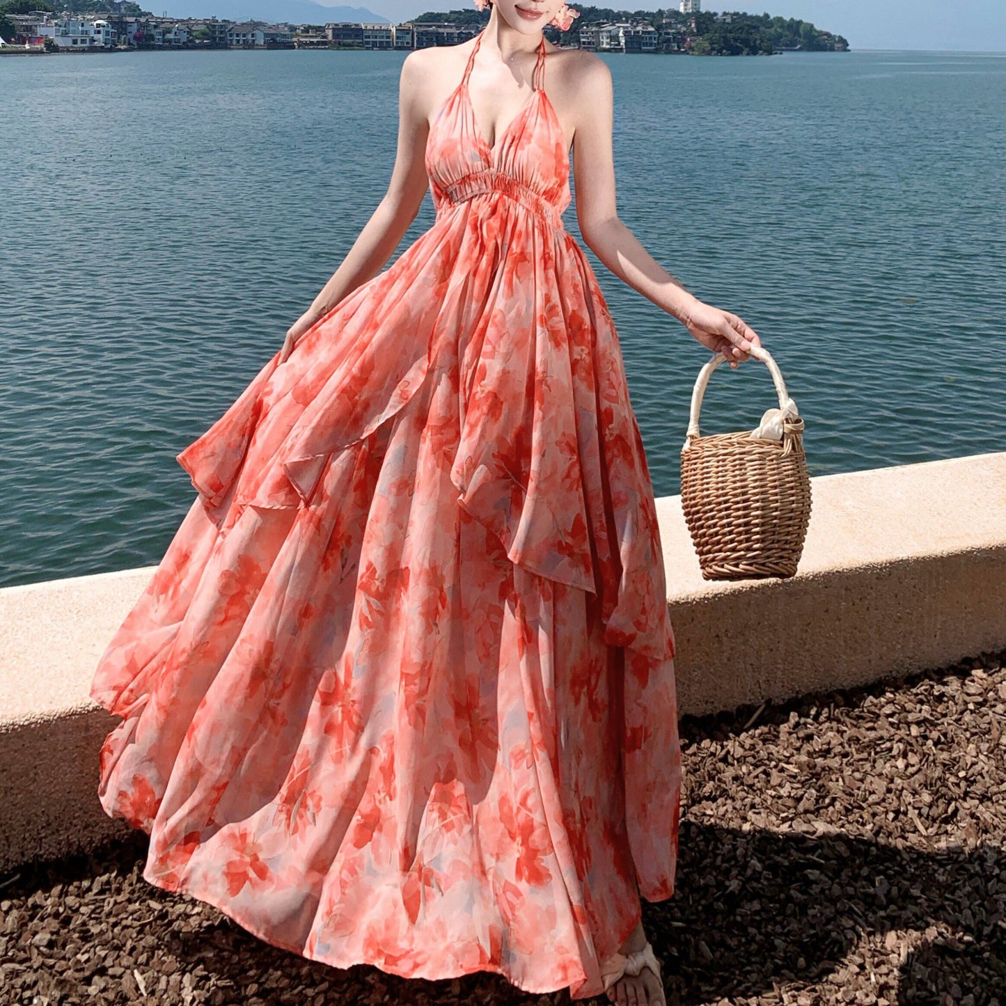 Spaghetti Strap V-Neck Backless Vacation Dress