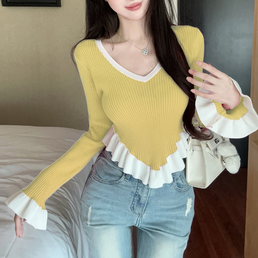 Ruffle Contrast Color Fashionable Sexy Irregular Long-Sleeved Knitted T-Shirt