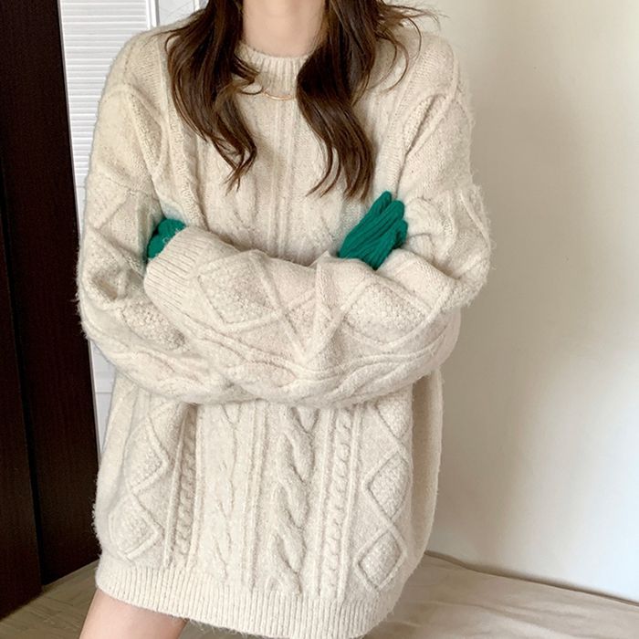 Christmas Red Cable-Knit Crew Neck Pullover Sweater