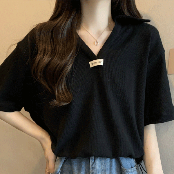 Letter-Print Drawstring Polo T-Shirt
