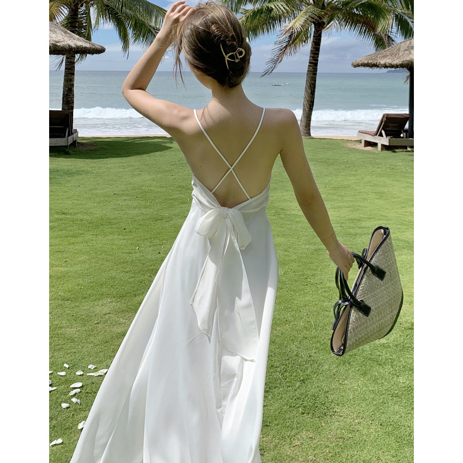 White Sexy Backless Spaghetti-Strap Vacation Dress