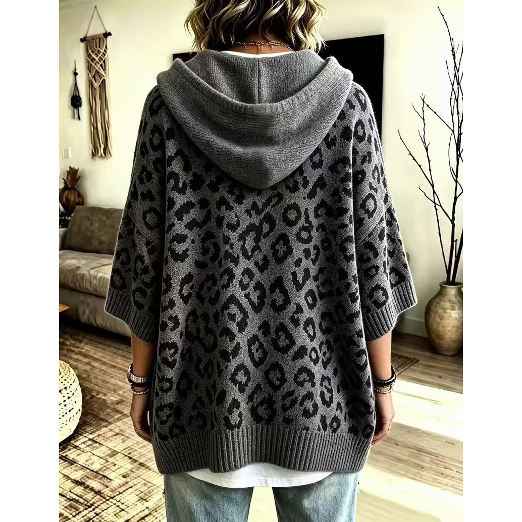 Leopard Print Hooded Drawstring Knit Pullover Sweater