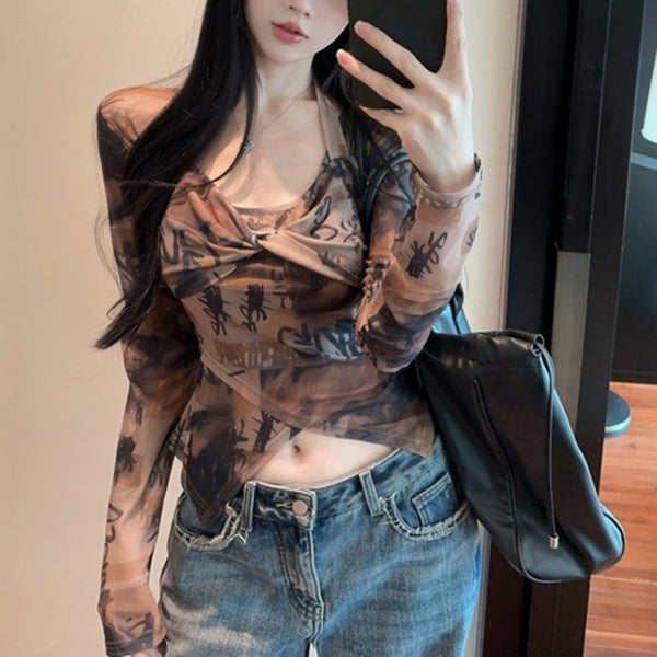 Halter Neck Irregular Fashion Sexy Print Long-Sleeved T-Shirt