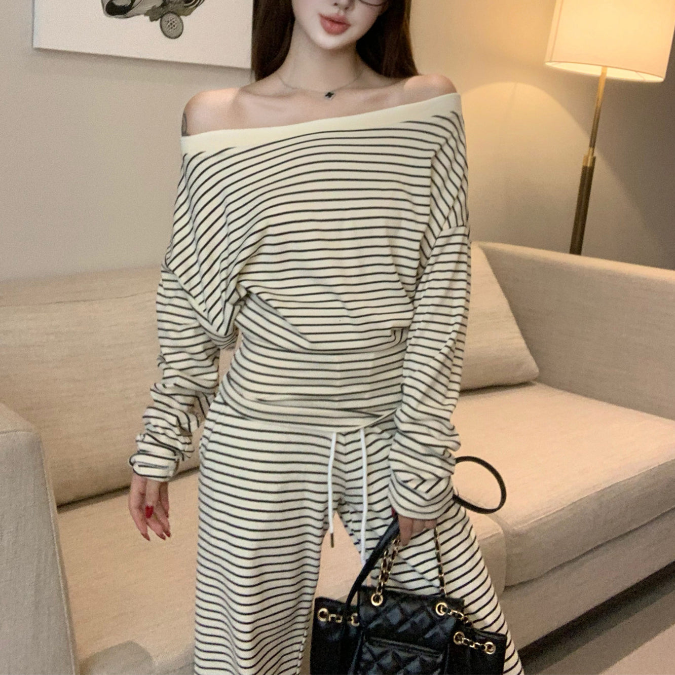 Sexy Color-Block Striped Wide-Leg Trouser Set