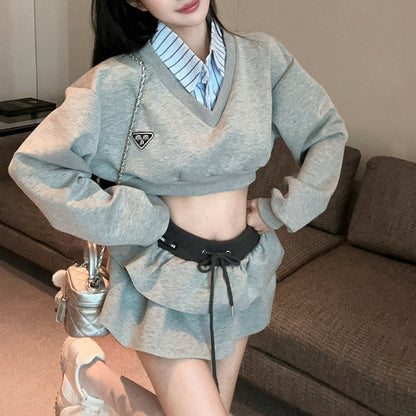 French Sexy Contrast Color Fake Two-Piece Sweatshirt High Waist Skirt Two-Piece Set