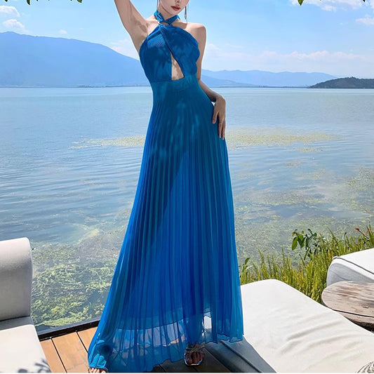 Halter Neck Flowing Chiffon Backless Holiday Dress