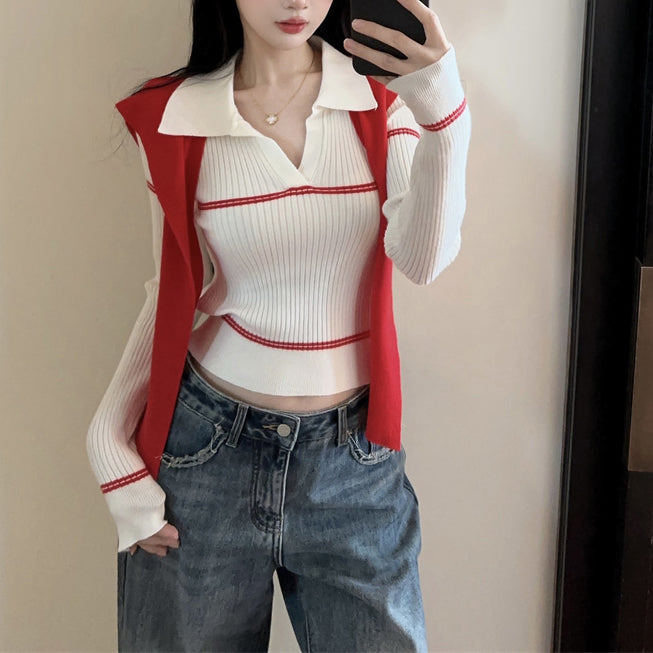 Niche Sexy Contrast Color Lapel Sweater Top