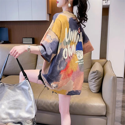 Loose-Fitting Oversized Mid-Length Tie-Dye Gradient Top