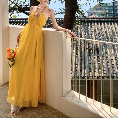 Yellow V-Neck Chiffon Vacation Dress