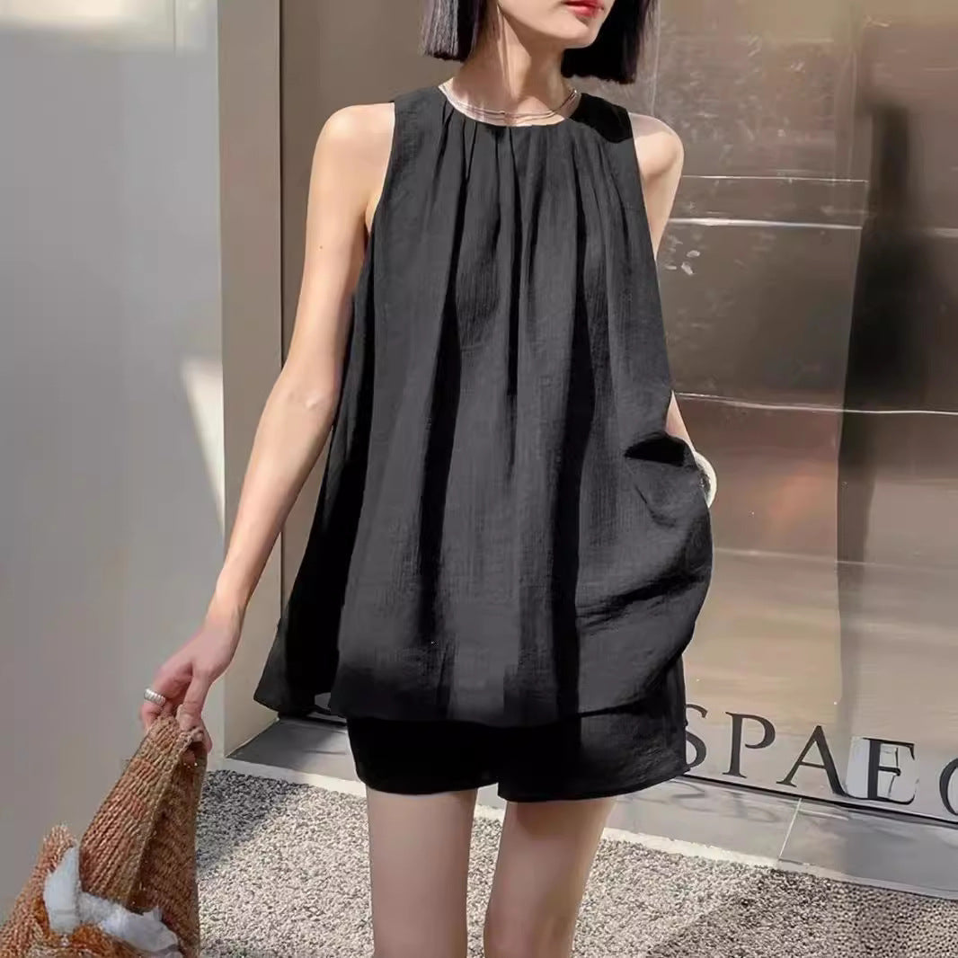 Sleeveless Cotton-Linen Top & Loose Shorts Two-Piece Set