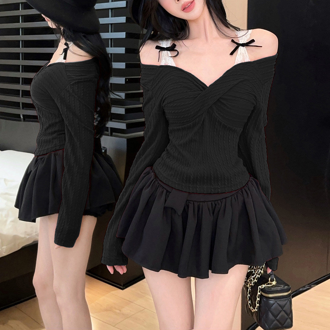 Bow-Detail Lace And Knit Layered-Look Top