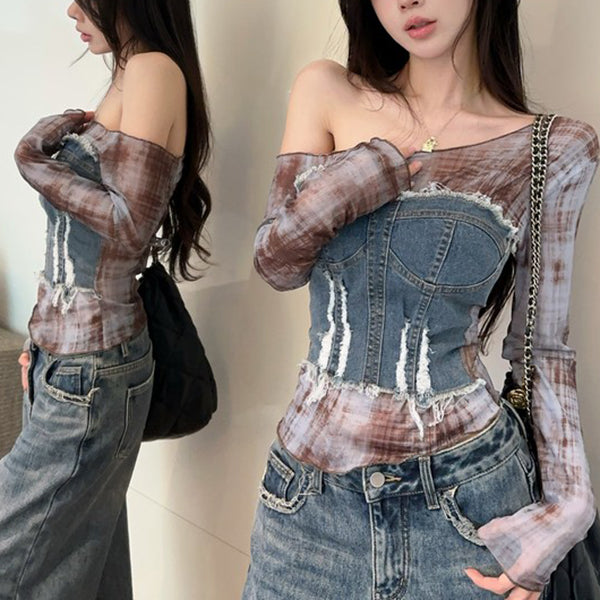 Printed Denim Long-Sleeved T-Shirt