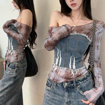 Printed Denim Long-Sleeved T-Shirt