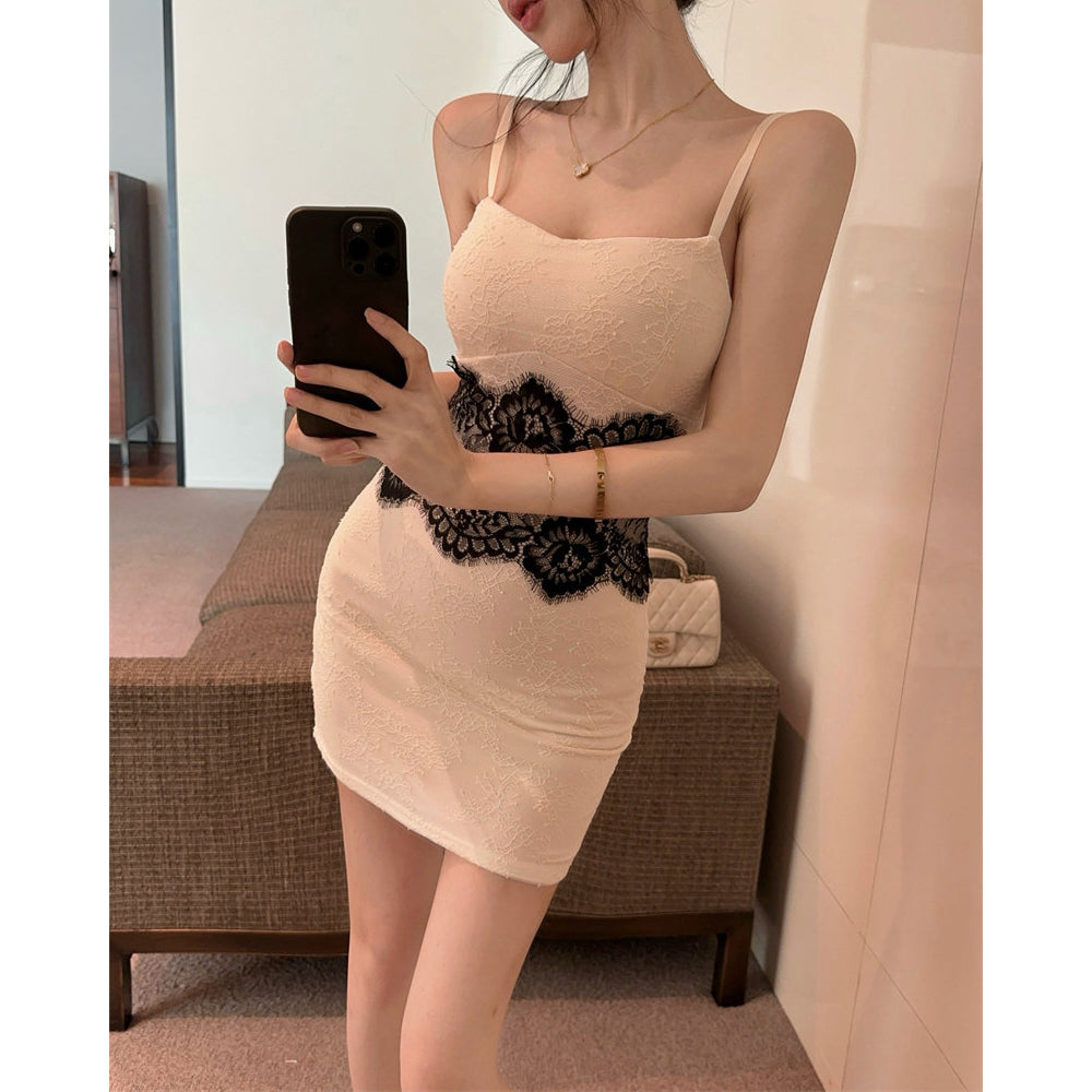 Color-Blocked Lace Slip Dress