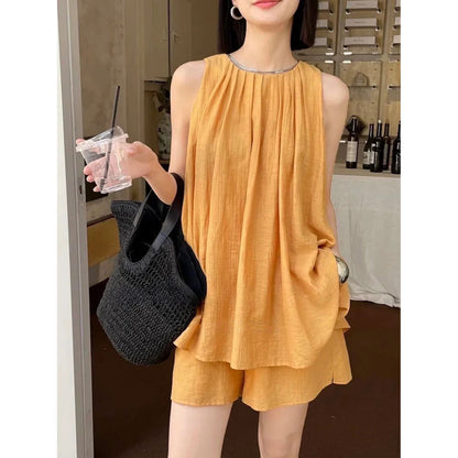 Sleeveless Cotton-Linen Top & Loose Shorts Two-Piece Set