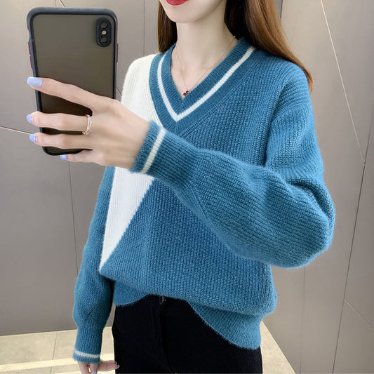 V-Neck Knitted Long-Sleeved Autumn Top