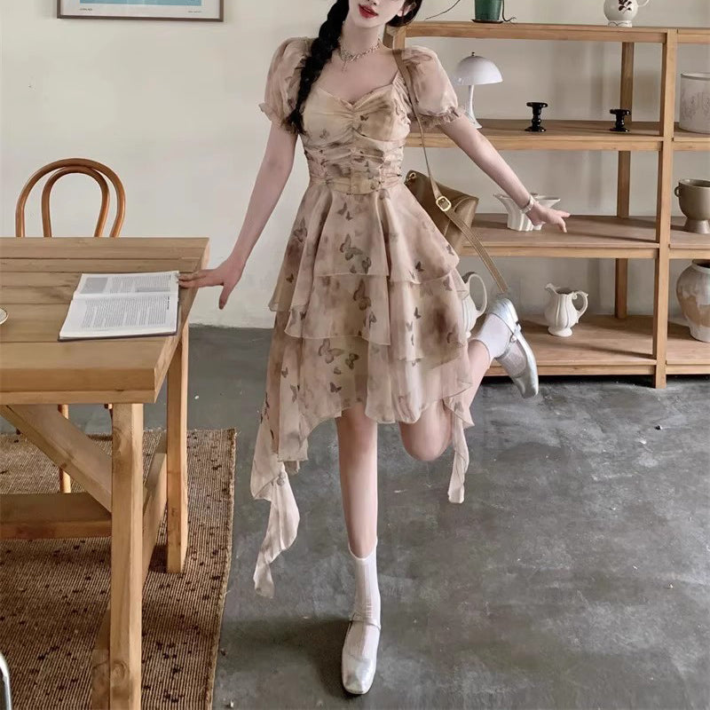 French Irregular Butterfly Print Ruffle Dress