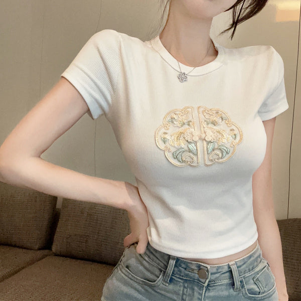 Round Neck Embroidered Short T-Shirt