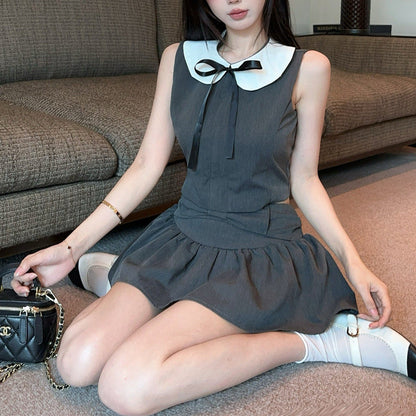 Preppy Style Color-Blocked Off-Shoulder Sleeveless Vest And Skirt Set