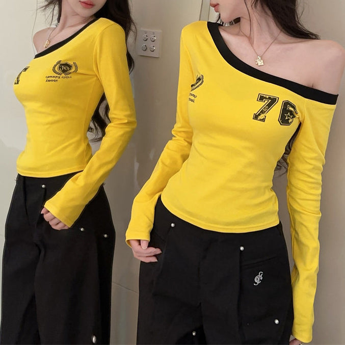 Sexy Color-Block One-Shoulder Long-Sleeve T-Shirt