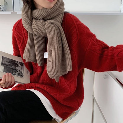 Christmas Red Cable-Knit Crew Neck Pullover Sweater