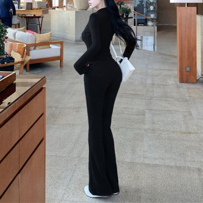 Sexy Double-Zipper Design Top And Wide-Leg Pants Set