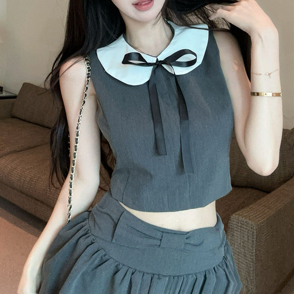 Preppy Style Color-Blocked Off-Shoulder Sleeveless Vest And Skirt Set