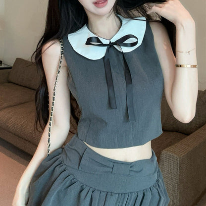 Preppy Style Color-Blocked Off-Shoulder Sleeveless Vest And Skirt Set