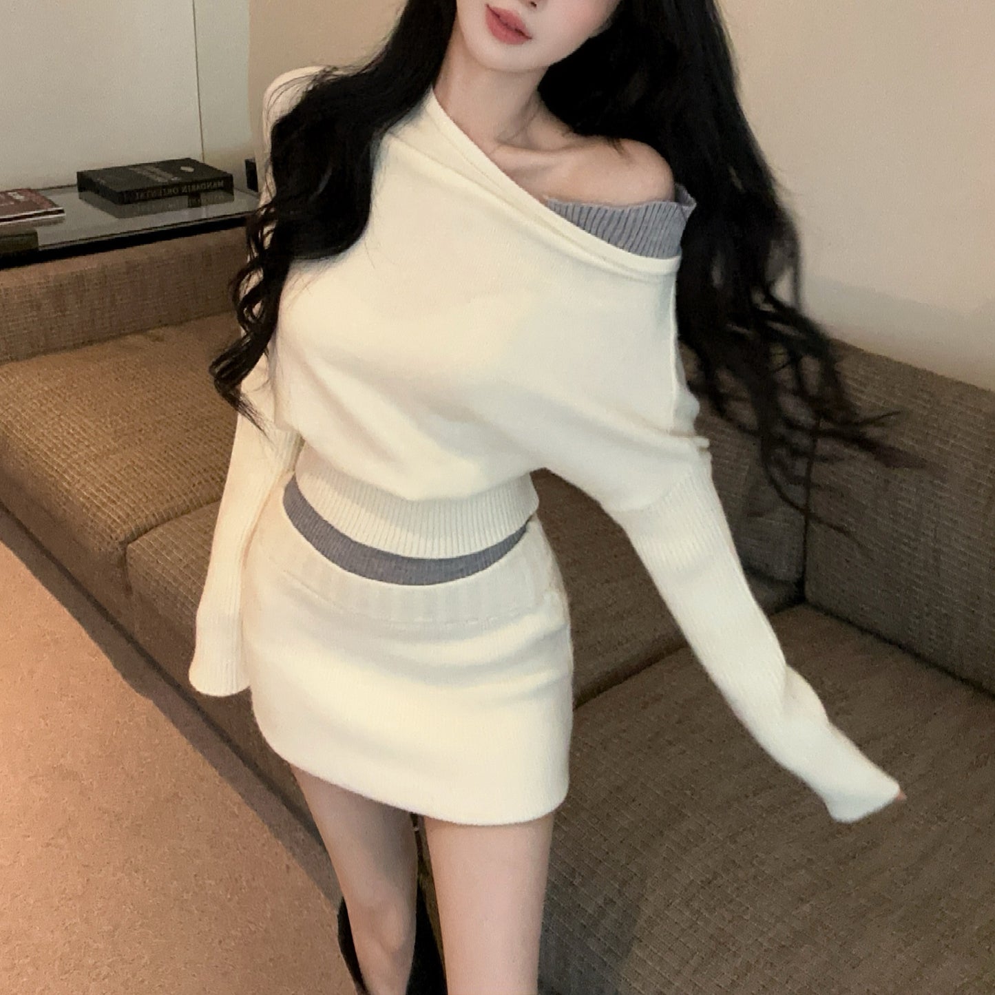 Fake Two-Piece Sexy Contrast Color Off-Shoulder Knitted Sweater Skirt Set