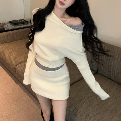 Fake Two-Piece Sexy Contrast Color Off-Shoulder Knitted Sweater Skirt Set