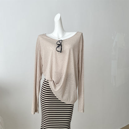 Loose Long-Sleeve Top And Striped Fishtail Skirt Set