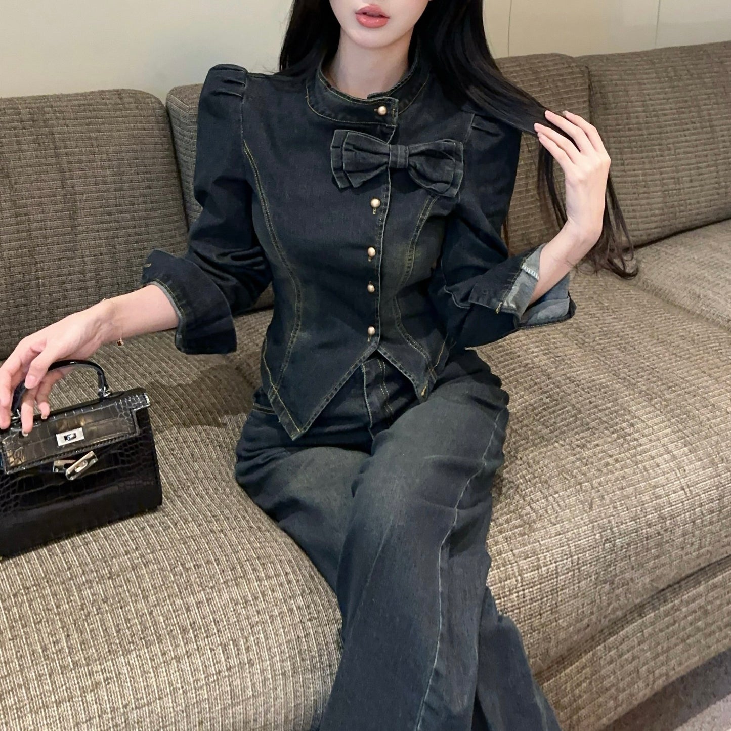 French-Style Sexy Bow-Knot Irregular Denim Top And High-Waisted Pants Set