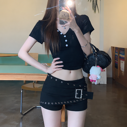 Black low-rise punk shorts with studs