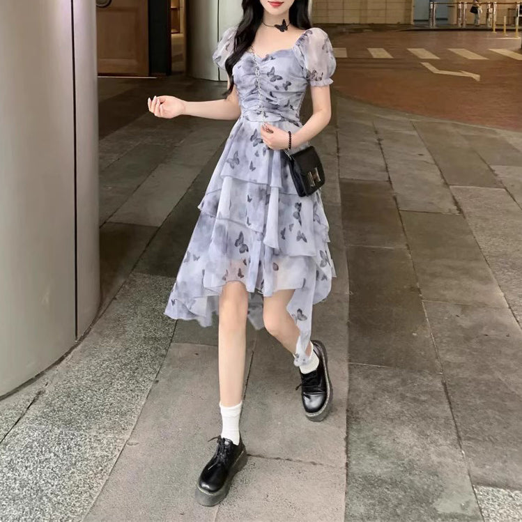 French Irregular Butterfly Print Ruffle Dress