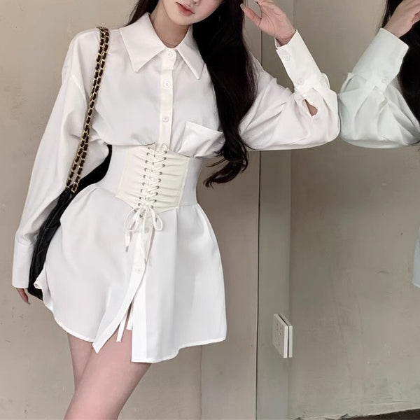 One-Shoulder Strapped Waist Long-Sleeved White Shirt