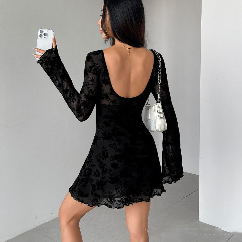 Long-Sleeved Floral Openwork Bow Dress