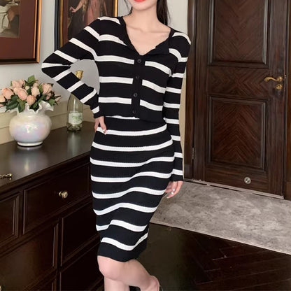 Striped Contrast Cami Dress Knit Cardigan Top Winter Set