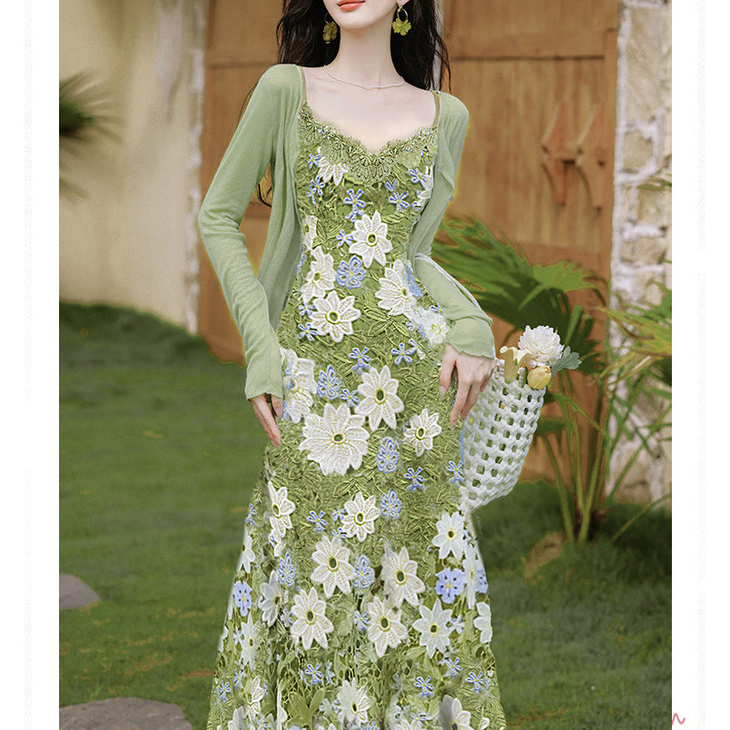 Green Cardigan And Hollow-Out Strap Dress Two-Piece Set