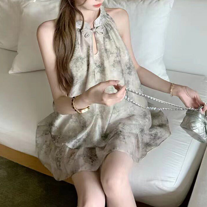 New Chinese Style Tie-Dye Halter Neck Top And Long Skirt Two-Piece Set