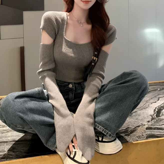 Sexy Openwork Square Neck Knitted Cropped Sweater