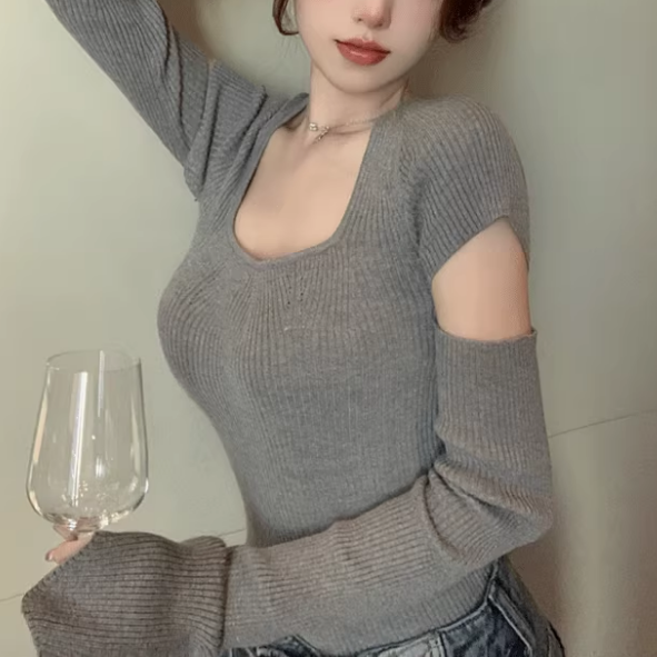 Sexy Openwork Square Neck Knitted Cropped Sweater