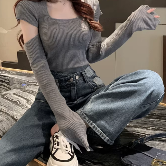 Sexy Openwork Square Neck Knitted Cropped Sweater