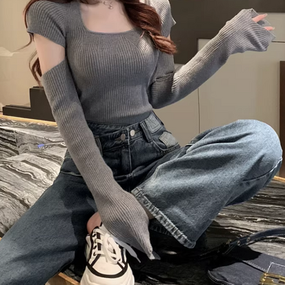 Sexy Openwork Square Neck Knitted Cropped Sweater