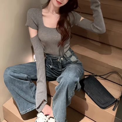 Sexy Openwork Square Neck Knitted Cropped Sweater