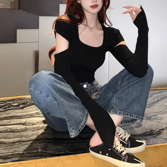 Sexy Openwork Square Neck Knitted Cropped Sweater