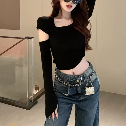 Sexy Openwork Square Neck Knitted Cropped Sweater