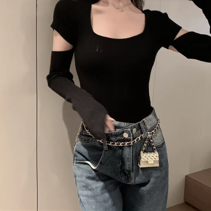 Sexy Openwork Square Neck Knitted Cropped Sweater